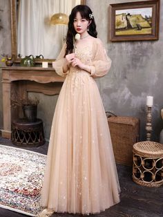 Long Sleeve Tulle Evening Dress With Sheer Sleeves, Evening Dress With Sheer Long Sleeves In Tulle, Long Sleeve Tulle Evening Dress For Bridesmaid, Long Sleeve Tulle Evening Dress For Prom, Beige Long Sleeve Evening Dress, Cream Long Sleeve Party Evening Dress, Cream Long Sleeve Evening Dress For Party, Long Sleeve Cream Evening Dress For Party, Champagne Long Sleeve Prom Evening Dress