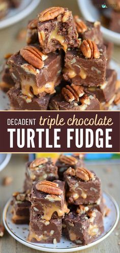 chocolate turtle fudge with pecans on top and the words decadent triple chocolate