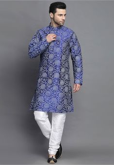 Art Silk Kurta in Royal Blue This Readymade attire is Enhanced with Block Print. Crafted in Chinese Collar Neck and Full Sleeve Available with an Art Silk Churidar in White Do note: Footwear shown in the image is for presentation purposes only. Half to one inch may vary in measurement. (Slight variation in actual color vs. image is possible) Royal Blue Long Sleeve Traditional Wear For Diwali, Blue Long Sleeve Kurta For Festive Occasions, Blue Long Sleeve Festive Kurta, Blue Long Sleeve Kurta With Zari Work, Blue Long Sleeve Kurta For Diwali, Royal Blue Fitted Kurta, Blue Long Sleeve Kurta For Festivals, Royal Blue Fitted Long Sleeve Kurta, Fitted Royal Blue Long Sleeve Kurta