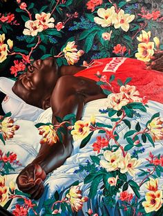 a painting of a person sleeping on a bed with flowers