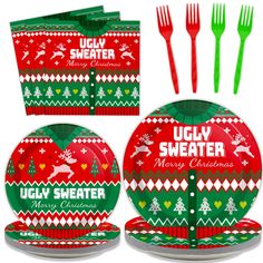 ugly sweater christmas dinnerware set with utensils and napkins in green and red