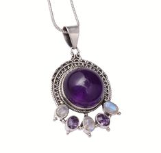 FAST SHIPPING HASSLEFREE RETURNS SECURE PAYMENT EXCELLENT SERVICE Product Description Product Details   Jewelry Type: Fine Metal: 925 Sterling Silver Style: Fine Jewelry Pendant Chain Type : Without Chain Gemstone: Amethyst & Moonstone Gemstone Shape: Round Cabochon Gemstone Setting: Bezel Finished with: Rhodium Polished Dimension: Length 1.67 in x Height 0.89 in x Width 0.59 in SHIPPING Shipping 1. International Standard – 14-21 days a. For United States of America, United Kingdom and Australia – Free shipping b. For Canada and Europe - $4.99 c. Rest of the world - $6.99   2. International Expedited – 5-10 days a. For United States of America – $9.99 b. For Canada and Europe - $14.99 c. Rest of the world - $17.99 PAYMENT Payment 1. We preferred payment through PayPal. It is one of the saf Purple Cabochon Round Necklace, Spiritual Purple Cabochon Jewelry, Purple Round Cabochon Necklace, Multi-stone Amethyst Pendant Jewelry, Amethyst Multi-stone Pendant Jewelry, Purple Multi-stone Pendant Jewelry, Purple Multi-stone Pendant Necklace, Purple Multi-stone Bohemian Jewelry, Purple Cabochon Pendant Jewelry