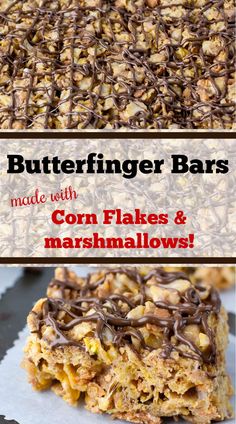 two different pictures with the words butterfingerer bars made with corn flakes and marshmallows