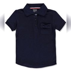 French Toast. Xl(14/16) 60% Cotton 40% Polyester Made In Bangladesh Preppy Navy Cotton Top, Casual Solid Color Top With Bow, Navy Casual Tops For School, Knit Polo, Knitting Girls, Navy Color, Kids Shirts, French Toast, Shirts Tops