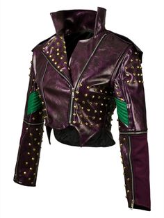 a purple leather jacket with gold rivets on the shoulders