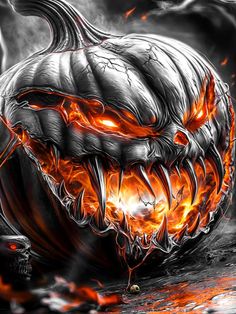 a black and white drawing of a pumpkin with flames coming out of it's mouth