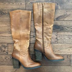 Raygun Cognac Tall Boot. Worn Less Than 5 Times. Western Leather Knee-high Boots Medium Width, Casual Leather Heeled Boots With Padded Heel, Rugged Almond Toe Boots For Fall, Western Leather Knee-high Boots With Stacked Heel, Western Leather Knee-high Boots With Block Heel, Brown Western Boots With Block Heel, Rugged Heeled Boots For Fall, Rustic Boots With Reinforced Heel For Fall, Casual Leather Mid-calf Boots With Block Heel