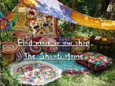 an outdoor area with many colorful items and the words find more in your shop, the shanti home