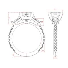 a drawing of a diamond ring with a chain attached to the front and side of it