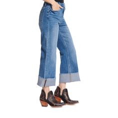 Rockin C Women's Medium Wash High Rise Wide Leg Cropped Jeans Wide Cuff Jeans, Cinch Jeans, Workwear Overalls, Buckaroo Boots, Cowboy Boots Square Toe, Ostrich Boots, Wide Leg Crop Pants, Cuffed Jeans, Tall Jeans