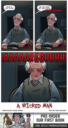 the comic strip shows an older man sitting at a table