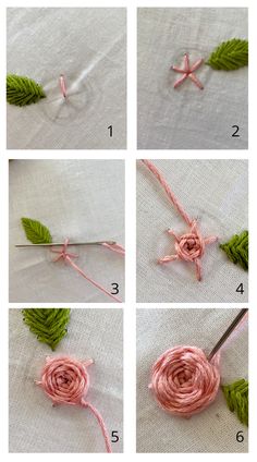 the steps to crochet a rose with leaves and yarn are shown in four different stages