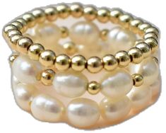 Yellow Gold Stackable Pearl Jewelry, Adjustable Gold Stackable Pearl Ring, Adjustable Stackable Gold Pearl Ring, Gold Pearl Beaded Rings, Dainty Gold Stackable Pearl Rings, Pearl Gold Ring, Stretchy Rings, Rice Pearls, Gold Pearl Ring