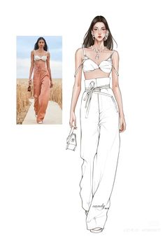 a drawing of a woman in a crop top and pants with an image of the model