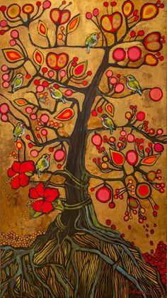 a painting of a tree with red and yellow leaves