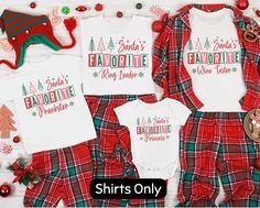 christmas pajamas and onesuits are on display for the family to wear in their matching outfits