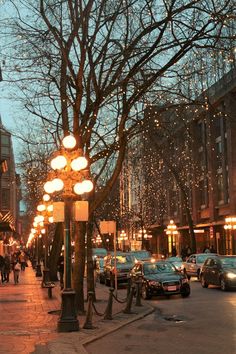 a city street filled with lots of traffic next to tall buildings covered in christmas lights