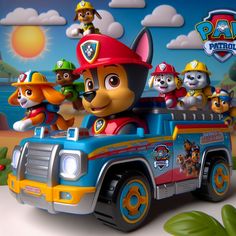 the paw patrol is riding on top of a fire truck