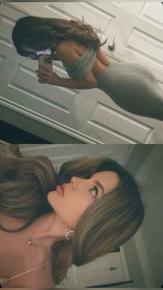 two pictures of a woman with long hair