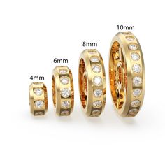 18K solid yellow gold eternity spacers with clean crisp brilliant cut real diamonds, opulent findings for you high-end gold jewelry!  Size and details mentioned below: 4mm - 2mm hole size - 1mm 8pcs - 14k 0.17gms - 18k 0.21gms 6mm - 2mm hole size -  1mm 13pcs - 14k 0.40gms - 18k 0.45gms 8mm - 2mm hole size -  1mm 18pcs - 14k 0.55gms - 18k 0.65gms 10mm - 2mm hole size -  1mm 23pcs - 14k 0.75gms - 18k 0.90gms MATERIAL: Solid Gold, Genuine Natural Diamond Please note that Gold orders are made to order in your choice of gold & Beads are drilled to your choice. So please look at handling time carefully before placing orders. To rush order please contact us in advance. Gold Moissanite Channel Set Jewelry, Gold Rondelle Jewelry With Diamond Cut, Gold Diamond Rondelle Jewelry, Gold Channel Set Round Jewelry, Gold Cubic Zirconia Jewelry With Channel Set, Yellow Gold Moissanite Jewelry With Channel Set, Gold Rondelle Cubic Zirconia Jewelry, Gold Wheels, Beads Christmas