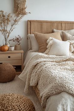 Wicker baskets filled with blankets near a bed in a cozy fall-themed bedroom. Bedroom Ideas For Couples Cozy, Soft Rugs, Guest Bedroom Design, Fall Bedroom Decor, Neutral Bedroom Decor, Warm Bedroom, Neutral Bedrooms, Cozy Fall Bedroom