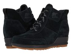 SOREL Evie Sport Lace - Women's Boots : Black/Gum 10 : Featuring a full-grain leather and suede combination upper, go effortlessly chic wearing the waterproof SOREL Evie Sport Lace wedge bootie. Soft canvas footbed with a removable and molded EVA footbed for all-day comfort. Durable rubber outsole. Imported. Measurements: Weight: 1.5 oz Circumference: 14 in Platform Height: 1 2 in Product measurements were taken using size 7, width B - Medium. Please note that measurements may vary by size. Weig Sorel Evie Black, Sorel Evie, Womens Sorel, Black Wedge Sneakers, Lace Wedges, Fall Beauty, Wedge Bootie, Leather Lace Up Boots, Black Gums