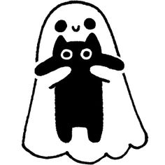 a black and white drawing of a ghost with a cat on it's back