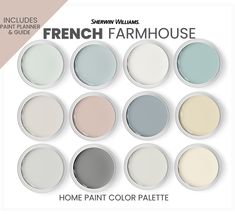 the modern farmhouse paint palette is shown in twelve colors, including blue and grays