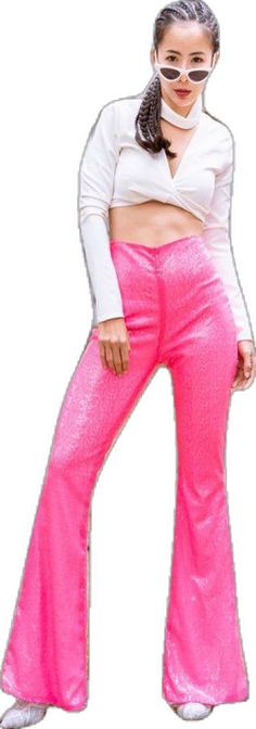 Shiny Fitted Bottoms For Party, Fitted Shiny Bottoms For Party, Disco Style Pants For Night Out In Spring, Disco Style Flare Pants For Party Season, Spring Disco Pants For Night Out, Disco Flare Pants For Party Season, Fitted Shiny Pants For Party, Glamorous Pink Pants For Party Season, High Waist Disco Bottoms For Party Season