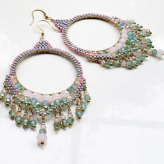 Pastel pink blue and vintage gold Large dangling hoop earrings. Thank you for visiting PastelGems. Pastel Earrings, Beads Earrings, Beauty Clothes, Crown Jewels, Beaded Dangles, Jewelry Earrings Hoops, Pastel Blue, Charm Earrings, Beading Patterns