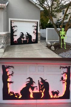 halloween decorations are displayed in front of a garage door and on the side of a house