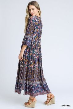 Fall florals are our absolute favorite. Floral print maxi dress, smocked at the waist with neck tie, three quarter sleeves, and side slits. 100% Rayon Patterned Floral Print Maxi Boho Dress, Multicolor 3/4 Sleeve Maxi Dress For Vacation, Printed 3/4 Sleeve Maxi Dress For Vacation, Printed Maxi Dress With 3/4 Sleeve For Vacation, Casual Flowy Maxi Dress With 3/4 Sleeve, Casual Floral Print Maxi Dress With 3/4 Sleeve, Casual Maxi Dress With Floral Print And 3/4 Sleeve, Fall Ditsy Floral Print Maxi Dress, Fall Rayon Maxi Dress