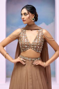 Brown inverted V-hem blouse with sequins, mirror and nalki embroidery. Comes with embroidered waistband lehenga and dupatta. - Aza Fashions Blouse Lehenga, Lehenga Pattern, Embellished Blouse, Hem Blouse, Set For Women, Aza Fashion, Lehenga, Types Of Sleeves, V Neck