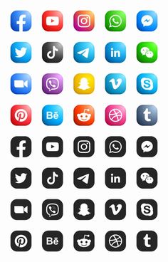 a set of social media icons in different colors and sizes, including buttons with symbols