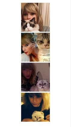 four different pictures of cats and women with their faces close to each other, including one woman holding a cat