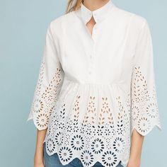 New Anthropologie Moira Cutout S Elegant Tops With Cutwork Hem For Spring, Elegant Spring Top With Cutwork Hem, Fitted Blouse With Cutwork Hem For Spring, Spring Casual Blouse With Cutwork Hem, Fitted Tops With Cutwork Hem For Spring, Chic Spring Tops With Cutwork Hem, Shirt Upcycle, Not Perfect Linen, Butterfly Sleeve Top