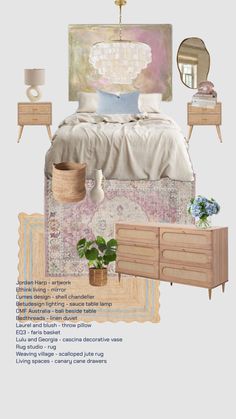 an image of a bedroom with furniture and decor on the walls in pastel tones