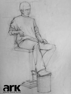 a drawing of a man sitting on a stool