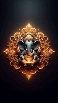 an elephant is sitting in the middle of a golden pattern on a black background with gold swirls