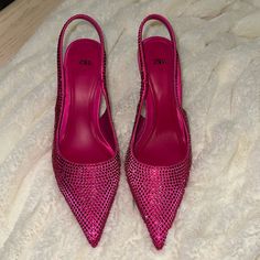 These Are The Perfect Color For The Upcoming Spring Season! These Have Never Been Worn And Are Basically Brand New. If You See The Photos The Bottoms Are In Perfect Condition. All The Rhinestones Are Still In Place In The Shoes There Are In Exquisitely Perfect Condition ! Chic Pink Heels With Rhinestones, Bedazzled Pointed Toe Heels, Pink Rhinestone Pointed Toe Heels, Zara Glamorous Pointed Toe Heels, Zara Sparkling Heels For Party, Bedazzled Pointed Toe Heels For Party, Zara Embellished Heels For Party, Zara Sparkling Party Heels, Zara Embellished Party Heels