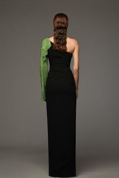 Description Black Column, Long dress Loose, Long Sleeves Open neckline Crepe Dry Clean Made in Lebanon 600-4-5 Green One Shoulder Dress With Asymmetrical Neckline For Evening, Green Luxury Evening Dress, Green One-shoulder Floor-length Evening Dress, Embellished Evening Dress With Asymmetrical Neckline, Green One Shoulder Floor-length Evening Dress, Green Pre-draped Party Evening Dress, Green Asymmetrical Neckline Pre-draped Dress, Green Evening Dress With Asymmetrical Neckline For Gala, One Shoulder Embellished Evening Dress