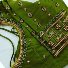 Blouse Design For Green Blouse, Aari Work For Green Blouse, Aari Cutwork Blouse Designs, Aari Work Blouse Aari Work Blouse Simple Design, Aari Work Nath Design On Blouse, Blouse Embroidery Designs Simple, Simple Blouse Aari Work Designs, Green Blouse Embroidery Designs, Parrot Green Blouse Design