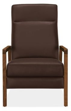 a brown leather chair with wooden legs and arm rests on an isolated white background,