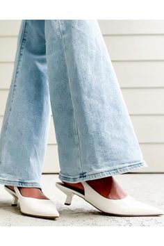 white kitten heel slingback heel with blue jean outfit 

#kittenheel #fashion Sandals Wide Width, Kitten Heels Outfit, Low Heel Dress Shoes, Jean Outfit, Blue Jean Outfits, White Kitten, Wide Width Sandals, Heels Dress, Heels Outfits