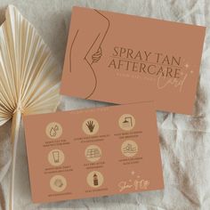 Attention Glow Getters! Ensure your clients achieve the perfect spray tan with this editable Spray Tan Aftercare Card Template. This neutral tone, brown & gold 7 x 5 template features aftercare information for a spray tanning service, with matching icons.  Edit the aftercare card to match your business branding. By accessing this Canva template, change the wording, font, and font color + keep, delete, or swap out the matching icons to suit your service needs. Canva accounts are free to sign up and use, and offer plenty of free elements, font, and photos to choose from.  Once edited, simply save and print at home, or upload onto printing services such as Vistaprint or Zazzle. And voila, you're good to glow!  Thanks for checking us out! xo PLEASE READ BEFORE PURCHASE Once purchased, you will Spray Tanning Business Names, At Home Spray Tan Business, Spray Tan Price List, Diy Spray Tan Booth, Spray Tan Business Names, Spray Tan Branding, Spray Tan After Care, Spray Tan Logo, Spray Tan Business Cards