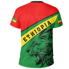 Ethiopia Lion Flag T-shirt Our Unisex T-shirt is made of a premium polyester blend, offering maximum comfort with a soft feel. It boasts an all-over print design created through a high-definition heat-dye application that ensures vibrant and long-lasting colors even after multiple washes. This T-shirt’s fabric is durable and resistant to wrinkles, shrinking, and mildew, ensuring its longevity. The thread line color is limited to black or white. Every T-shirt is custom printed, cut, and sewn to o Green Jersey T-shirt With Letter Print, Printed Short Sleeve T-shirt For Sports Events, Green Sublimation Print Jersey T-shirt, Green Jersey T-shirt With Sublimation Print, Green Sports T-shirt With Custom Print, Sports Jersey T-shirt With All Over Print, Green Graphic Print Jersey Top, Green Jersey Tops With Graphic Print, Sports Printed T-shirt