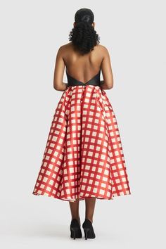 Black yoke dress featuring red and white checks pattern. - Aza Fashions Elegant Plaid Dress For Party, Plaid Sleeveless Party Dress, Chic Sleeveless Gingham Dress, Elegant Gingham Dress For Party, Elegant Gingham Midi Dress, Fitted Gingham Dress For Party, Fitted Gingham Party Dress, Elegant Sleeveless Gingham Dress, Gauri And Nainika