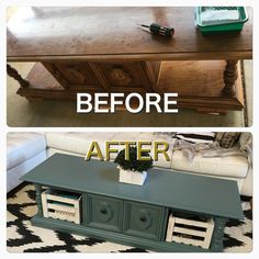 before and after photos of a coffee table with drawers on the bottom, in front of a couch