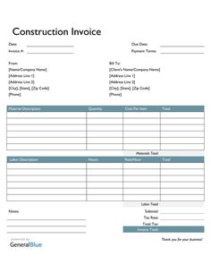 the construction invoice form is ready to be used for any job or project