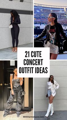 the collage shows different outfits for women with text overlay that reads, 21 cute concert outfit ideas